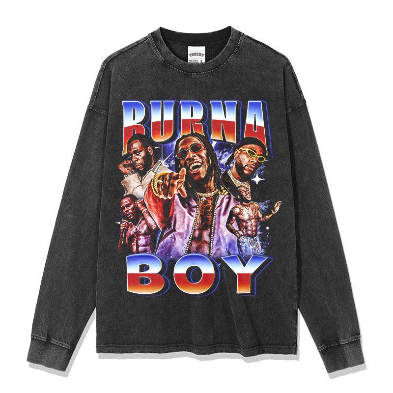 American Retro Hip-Hop Bernard Boy Burna Boy Printed Short-Sleeved T-Shirt Heavy Round Neck Hooded Sweatshirt - Image 1