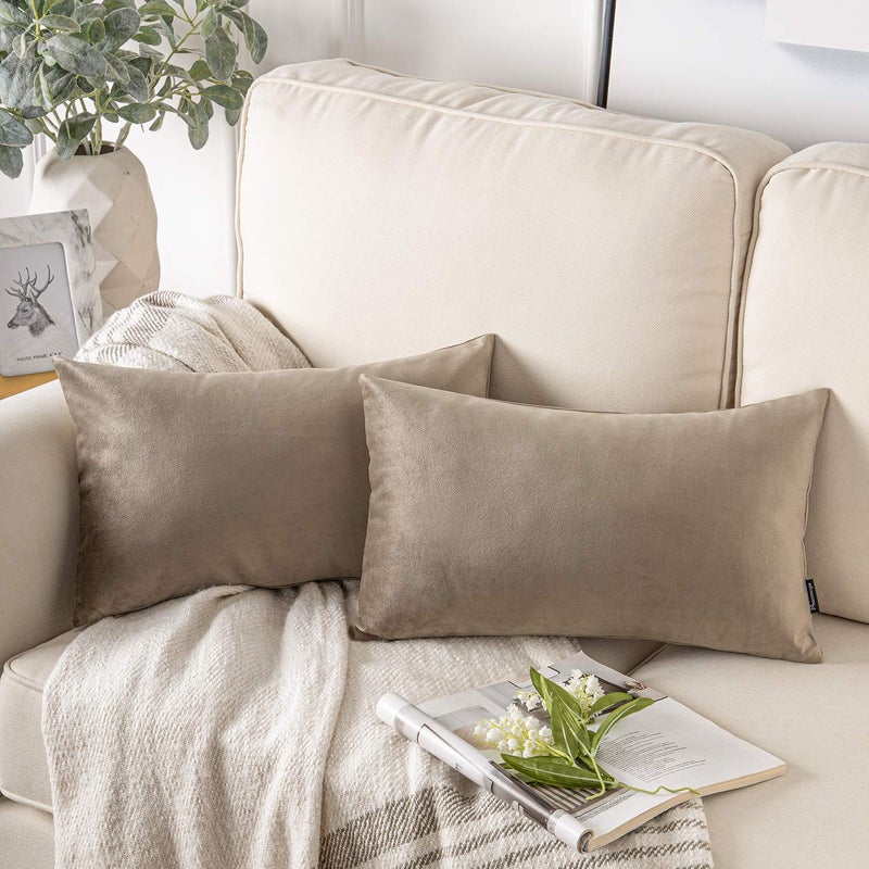Phantoscope Pack of 2 Velvet Decorative Throw Decorative Pillow Cover Soft Solid Square Cushion Case for Couch Taupe 12 x 20 inches 30 x 50 cm - Image 1