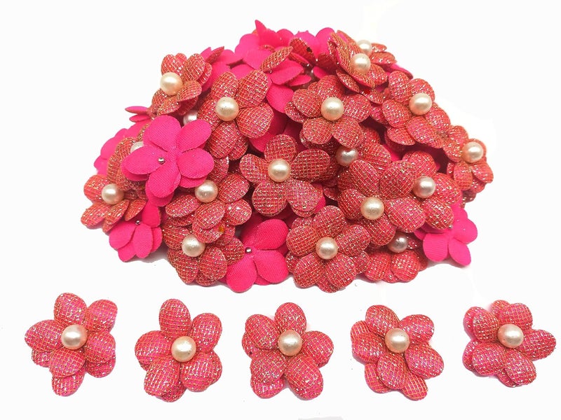 PRANSUNITA PRANSUNITA Stem Less Fabric Decoration Flower with White Beads Size 3 cm Handmade for Dresses Gift Wedding Packaging Radha Krishna Baby Shower Pack of 25 pcs Magenta  - Image 1