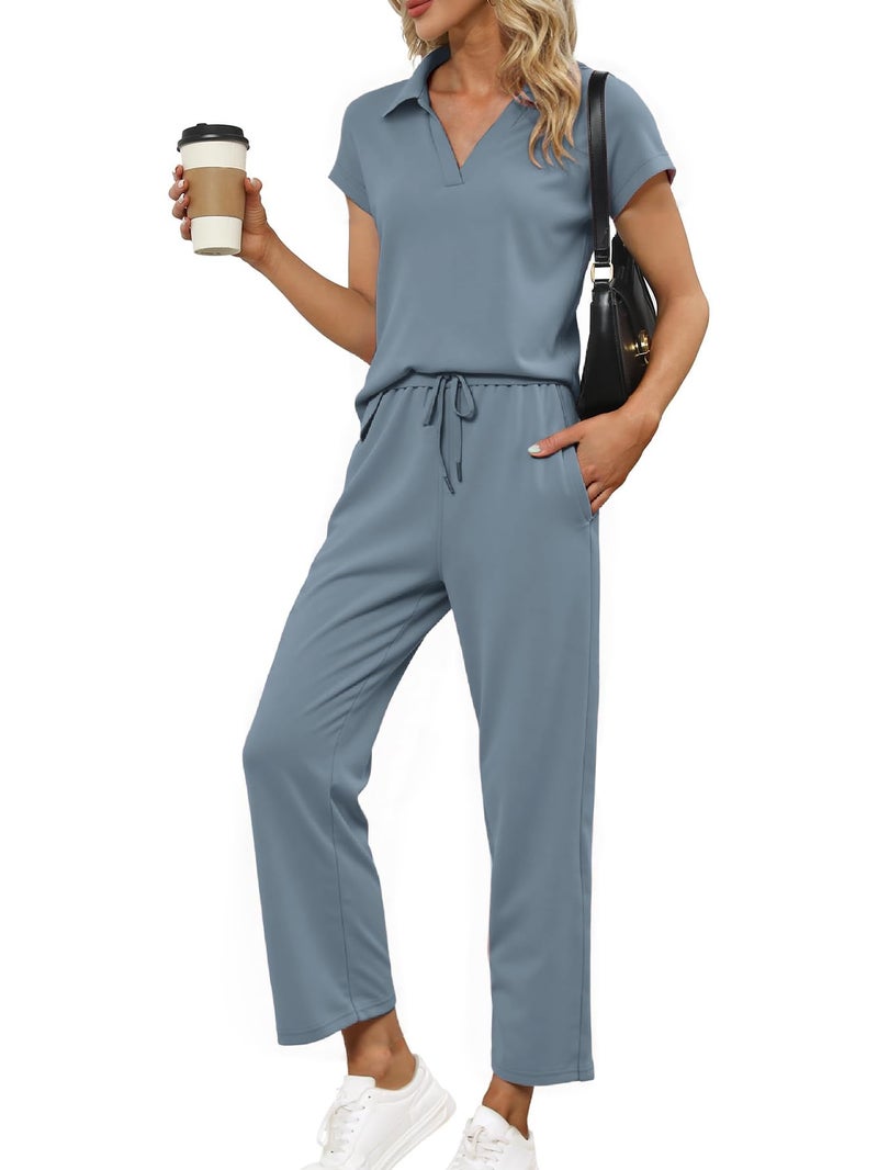 Glamaker Women Two Piece Loose Fit Outfit Summer Comfy Casual Short Sleeve Top Wide Leg Pants Set Travel Vacation OutfitGrey BlueSmall