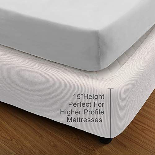 Marquess Box Spring Cover Wrap Around Elastic Vertical Stripe Pattern Bed Skirt Alternative and Classic 15 Drop Length PolyesterPolyester Filling White Queen - Image 1