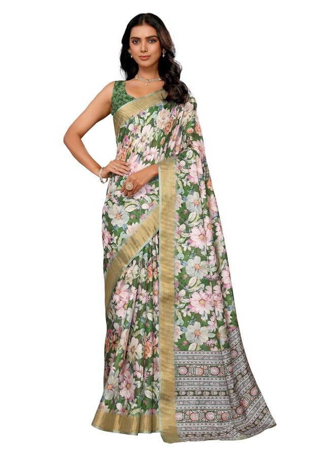 Janasya Janasya Women's Green Chanderi Silk Floral Printed Chanderi Saree with Blouse Piece (SAR489-J) - Image 1