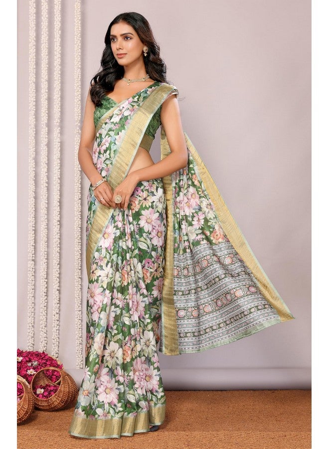 Janasya Janasya Women's Green Chanderi Silk Floral Printed Chanderi Saree with Blouse Piece (SAR489-J) - Image 3
