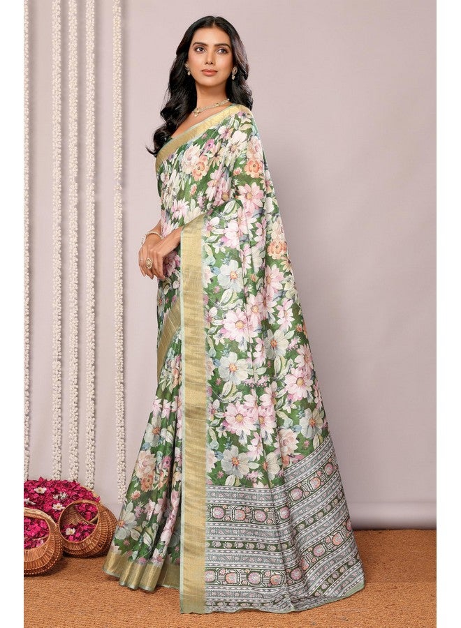Janasya Janasya Women's Green Chanderi Silk Floral Printed Chanderi Saree with Blouse Piece (SAR489-J) - Image 2