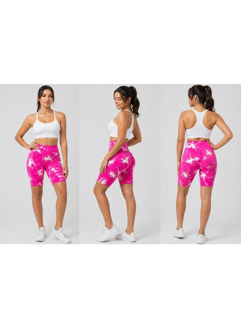 Women’s High-Waisted Marble Biker Shorts – Stretchy Gym & Yoga Leggings, Tummy Control, Above Knee Length, Soft Breathable Activewear
