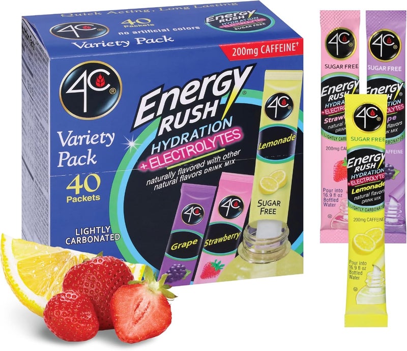4C باقة متنوعة من 4C Energy Rush للترطيب + الإلكتروليتات - 40 عبوة (14 ليمونادة، 12 فراولة، 14 عنب) - Image 1
