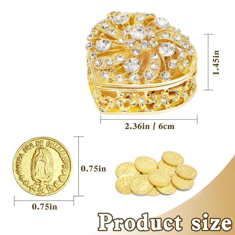 ESNOY Wedding Arras Coins Set - Gold Heart Shaped Box with 13 Virgen of Guadalupe Coins, Arras De Boda Cristiana, Weddings Accessories for Ceremony - Image 2