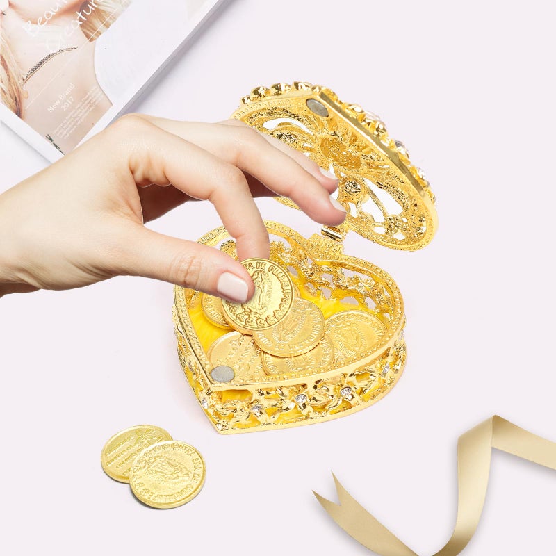 ESNOY Wedding Arras Coins Set - Gold Heart Shaped Box with 13 Virgen of Guadalupe Coins, Arras De Boda Cristiana, Weddings Accessories for Ceremony - Image 4
