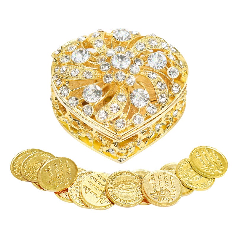 ESNOY Wedding Arras Coins Set - Gold Heart Shaped Box with 13 Virgen of Guadalupe Coins, Arras De Boda Cristiana, Weddings Accessories for Ceremony - Image 1