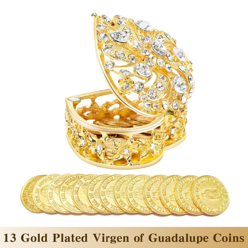 ESNOY Wedding Arras Coins Set - Gold Heart Shaped Box with 13 Virgen of Guadalupe Coins, Arras De Boda Cristiana, Weddings Accessories for Ceremony - Image 3