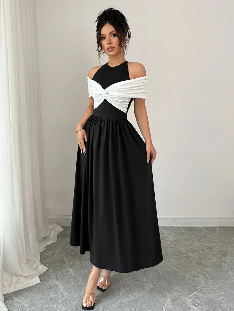 أوجيدر Black Twisted Contrast Off Shoulder Dress