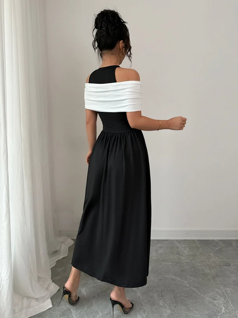 أوجيدر Black Twisted Contrast Off Shoulder Dress
