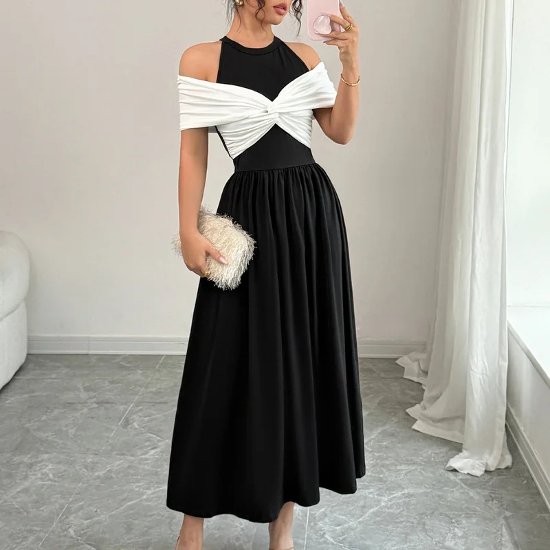 Outzidr  Black Twisted Contrast Off Shoulder Dress for Women | Best Price UAE