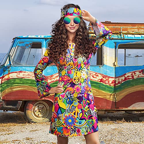 MRYUWB 70s Hippie Dress Costumes Necklace Earrings Sunglass Women Disco Outfit, 60s Party Costume, Halloween Retro Dresses (Love and Peace, XL) - Image 3