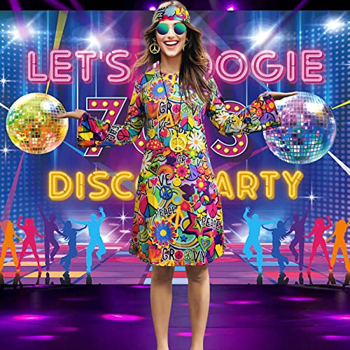 MRYUWB 70s Hippie Dress Costumes Necklace Earrings Sunglass Women Disco Outfit, 60s Party Costume, Halloween Retro Dresses (Love and Peace, XL) - Image 2