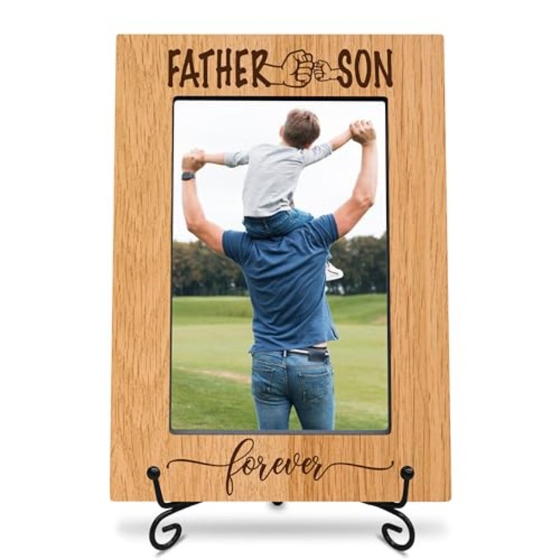 classic wood frame with black metal stand - father and son forever - wooden frame for 4"x 6" vertical picture, gift for dad, rustic photo frame, father's day gift and tions A02 - Image 1