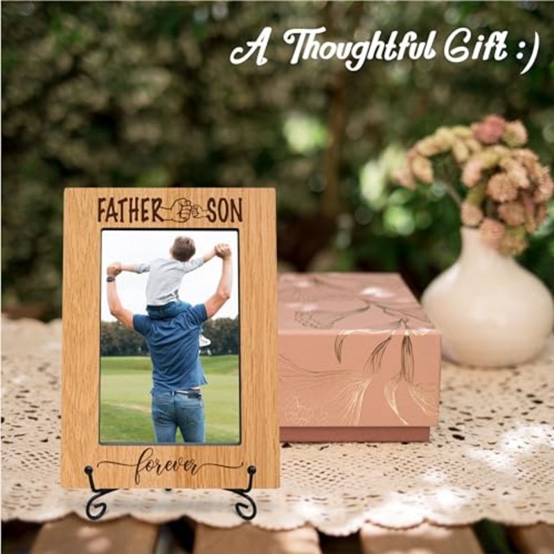 classic wood frame with black metal stand - father and son forever - wooden frame for 4"x 6" vertical picture, gift for dad, rustic photo frame, father's day gift and tions A02 - Image 4