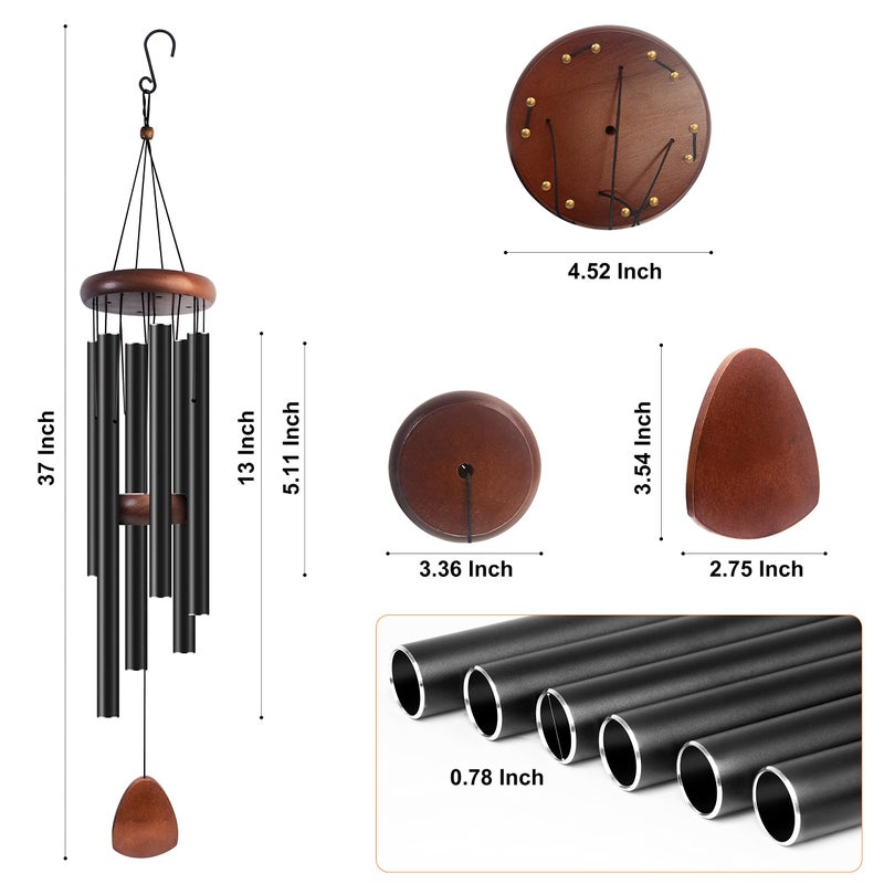 Bursvik Large Aluminium Wind Chimes 37" to Create a Zen Atmosphere Suitable for Outdoor, Garden, Patio Decoration. Classic Black Wind Chime with Wind Catcher Suitable as A Gift for Mom Neighbor Unisex - Image 4