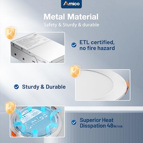 Amico 12 Pack 4 Inch 5CCT Ultra-Thin LED Recessed Dimmable Can/Ceiling Light with Junction Box, 2700K/3000K/3500K/4000K/5000K Selectable, 11W Eqv 70W, 800LM High Brightness Wafer Downlight - ETL&FCC - Image 5