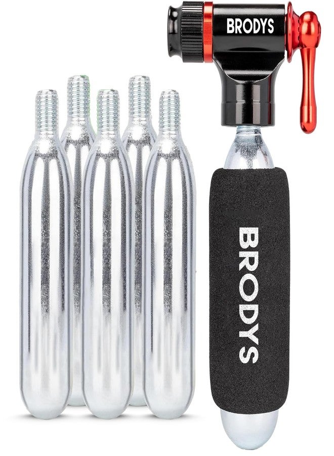 Brodys CO2 Inflator Kit, (5) 16g CO2 Cartridges, Presta and Schrader Valve Compatible, Bike Tire CO2 Pump, Includes Insulated Sleeve