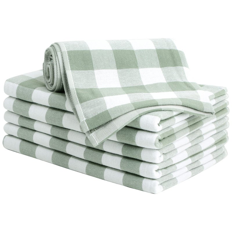 PiccoCasa 100 Cotton Terry Kitchen Towels Set of 6 Plaid Pattern 13 x 29 Inch Soft Absorbent Drying Dish Towels for Kitchen Cooking  Green White