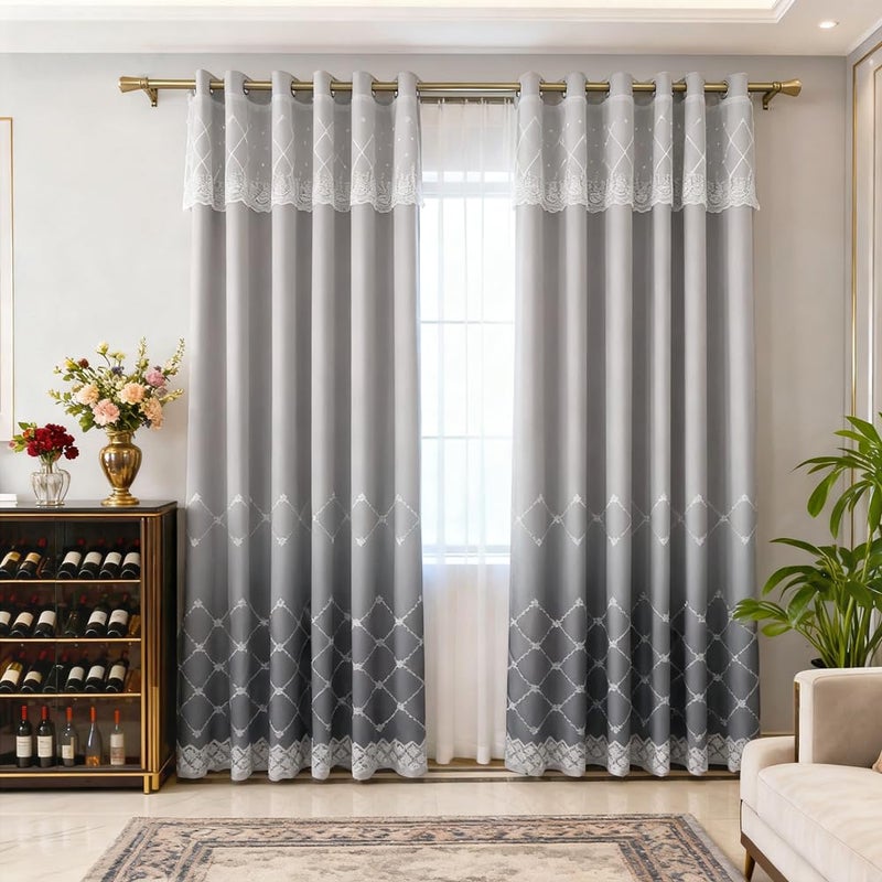 Amidoudou 1 Pair Double Layer Geometric Curtains for Living Room Gradient Diamond Pattern Embroidered Curtains for Bedroom (Grey,54x90 Inch) - Image 3