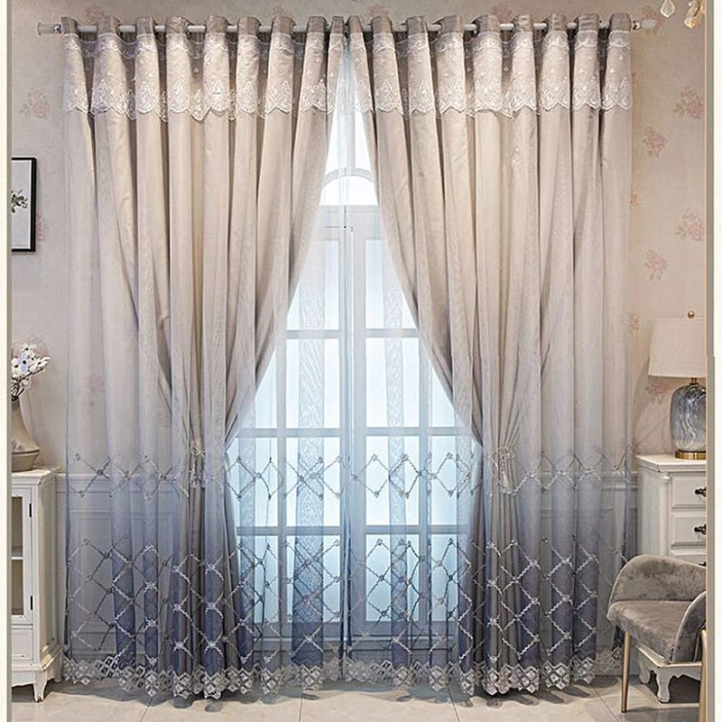 Amidoudou 1 Pair Double Layer Geometric Curtains for Living Room Gradient Diamond Pattern Embroidered Curtains for Bedroom (Grey,54x90 Inch) - Image 1