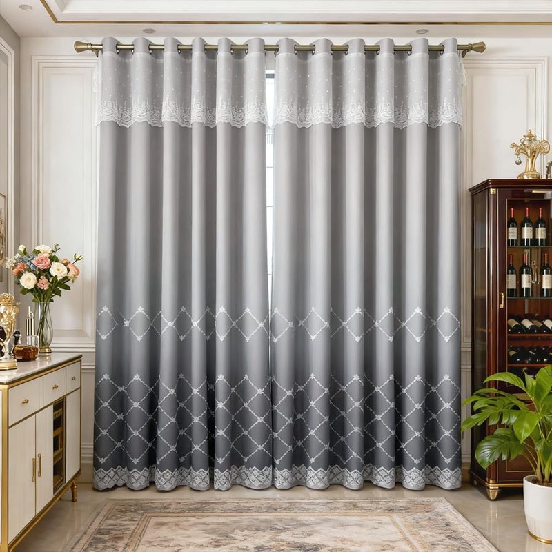 Amidoudou 1 Pair Double Layer Geometric Curtains for Living Room Gradient Diamond Pattern Embroidered Curtains for Bedroom (Grey,54x90 Inch) - Image 2