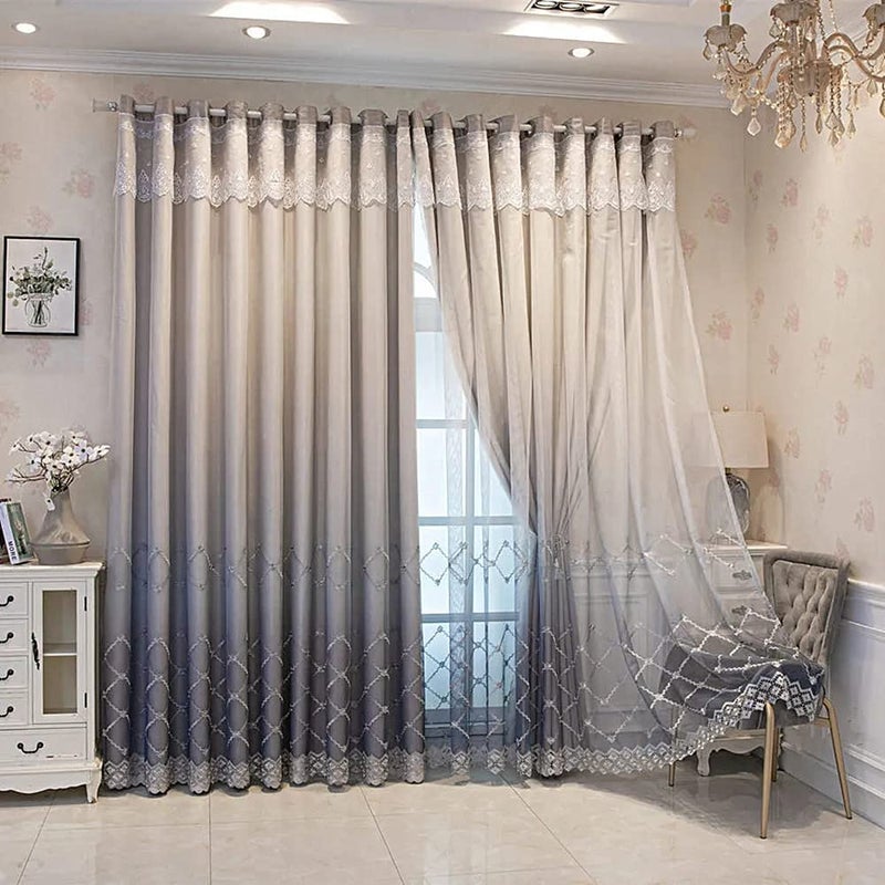 Amidoudou 1 Pair Double Layer Geometric Curtains for Living Room Gradient Diamond Pattern Embroidered Curtains for Bedroom (Grey,54x90 Inch) - Image 4