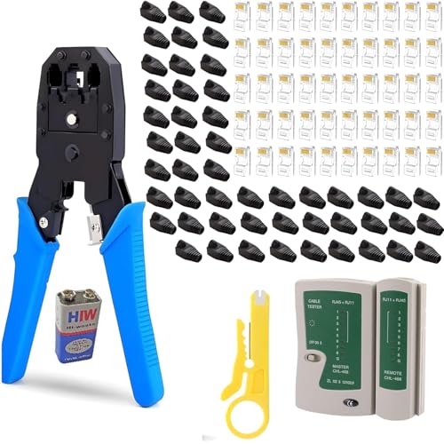 Inditrust All-in-One RJ45 Crimping Tool Kit with 50 RJ45 Connectors, 50 Strain Relief Boots LAN Cable Tester, Wire Cutter & Battery,Ethernet Network Cable Crimp Tool Set /Cat6 LAN Cable Installation - Image 1