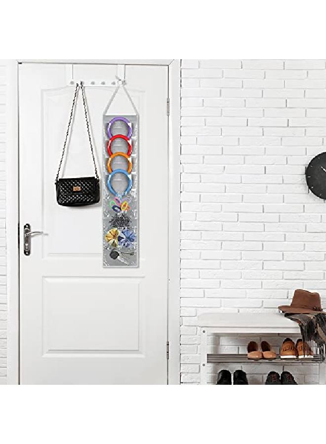 Headband Storage Holder Padded Headband Organizer Hairbands Hanging Organizer With Pvc Clear Pockets Container Hair Accessory Hanging Hair Clasp Rack Display Stand (8.7 Inches Gray)