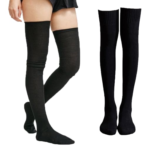 KANISYA Wool Warm Thigh High Socks | Knitted Thick Thermal Woolen Socks for Women Winter Wear Socks Full Length, Knee High Leg Warmers Long Socks Boot Cuffs Knee Cap, Women Winter Full Socks (Black) - Image 1