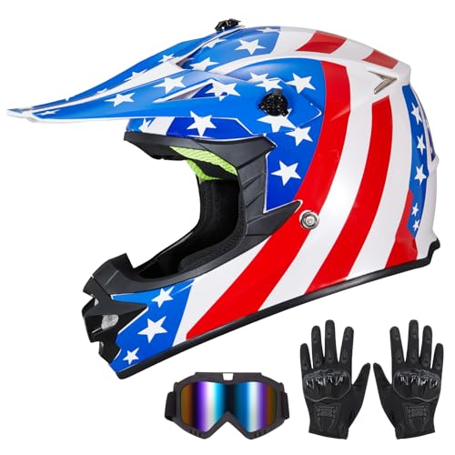 MXJ Gear Youth Kids Dirt Bike Helmet for Boys & Girls,F001 Full Face Motorcycle Helmet for Off-Road ATV Street Riding Four Wheeler Mountain Bike with Goggles Gloves,DOT Approved(Great USA,L) - Image 1