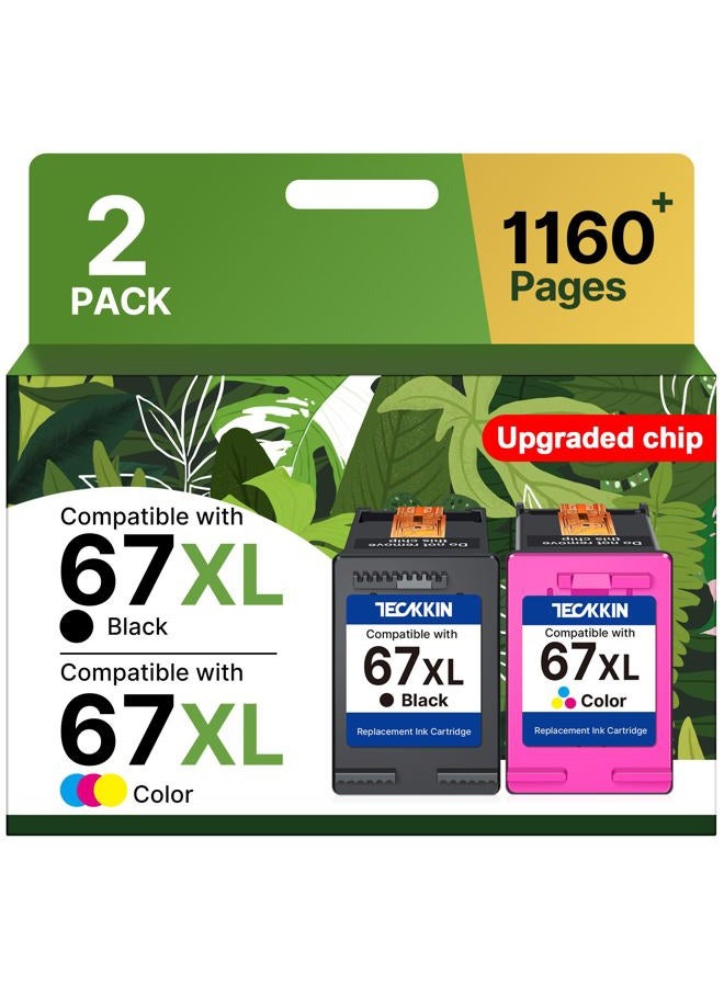 TECKKIN 67XL Ink Cartridge Black/Color Combo Pack Replacement for HP Ink 67 67XL Printer Ink Works for HP DeskJet 2827e 2755e 2700 2855e 2800 4155e 2755 2852e Envy 6055e 6000 6455e (2 Pack) - Image 1