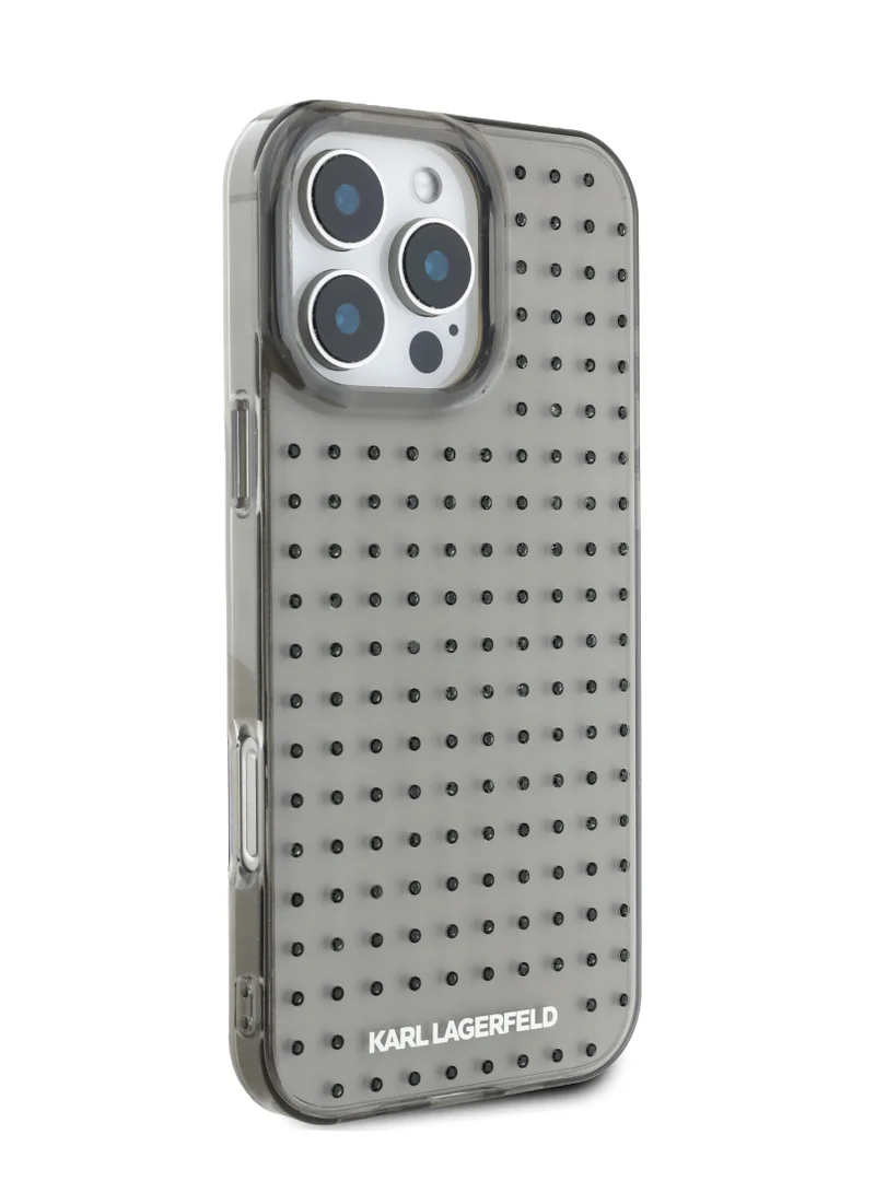 Karl Lagerfeld IML Transparent Hard Case with Allover Studs for iPhone 16 Pro / Shock Absorption/ Slim and Lightweight Design/ Anti-Slip Grip - Black