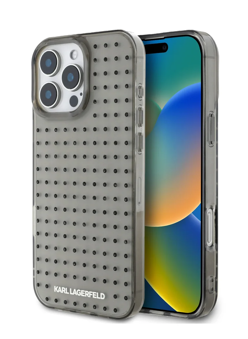 Karl Lagerfeld IML Transparent Hard Case with Allover Studs for iPhone 16 Pro / Shock Absorption/ Slim and Lightweight Design/ Anti-Slip Grip - Black