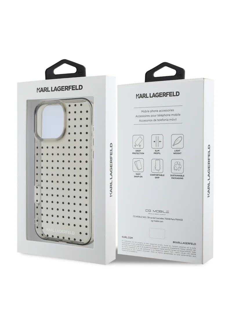 Karl Lagerfeld IML Transparent Hard Case with Allover Studs for iPhone 16 Pro / Shock Absorption/ Slim and Lightweight Design/ Anti-Slip Grip - Black