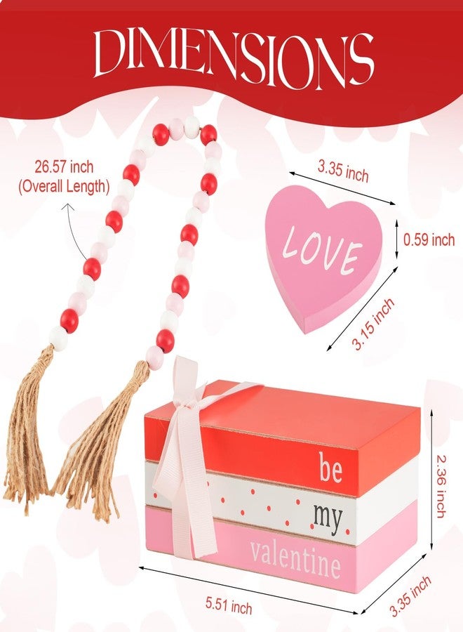 SYNCVIBE Wooden Valentine’s Day Tiered Tray Decorations,Centerpieces Rustic Farmhouse 3 Faux Books Bundle with Valentine Heart & Beads Garland,Wooden Block Sign for Party Home Dining Table Bookshelf - Image 3