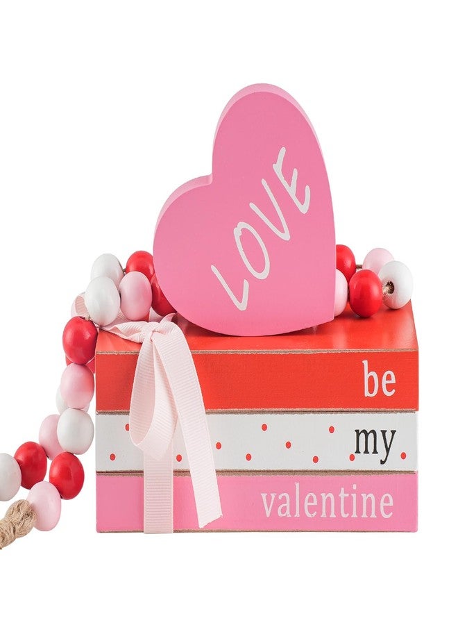 SYNCVIBE Wooden Valentine’s Day Tiered Tray Decorations,Centerpieces Rustic Farmhouse 3 Faux Books Bundle with Valentine Heart & Beads Garland,Wooden Block Sign for Party Home Dining Table Bookshelf - Image 1