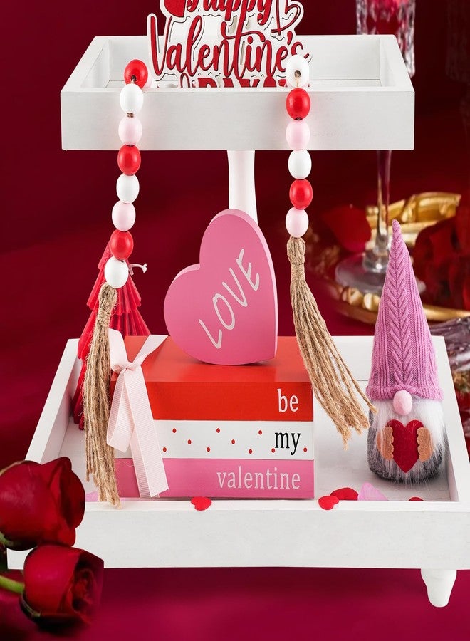 SYNCVIBE Wooden Valentine’s Day Tiered Tray Decorations,Centerpieces Rustic Farmhouse 3 Faux Books Bundle with Valentine Heart & Beads Garland,Wooden Block Sign for Party Home Dining Table Bookshelf - Image 5
