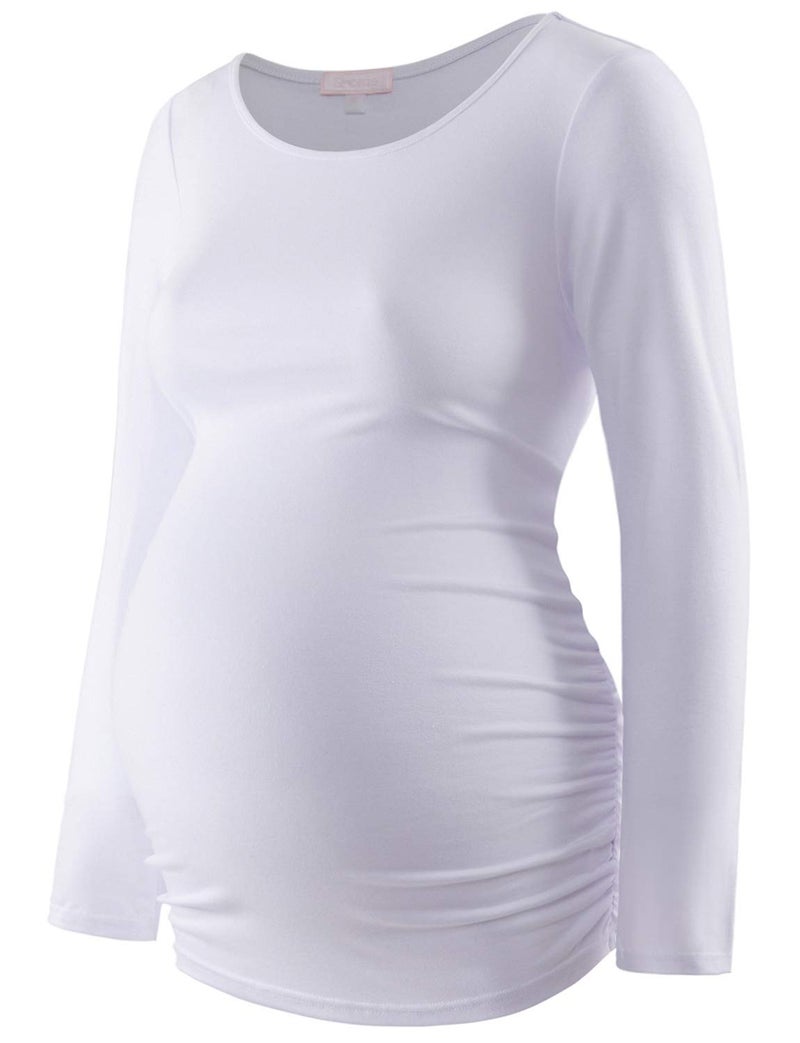 Bhome Maternity Shirt Long Sleeve Basic Top Ruch Sides Bodycon Tshirt for Pregnant Women White XXL