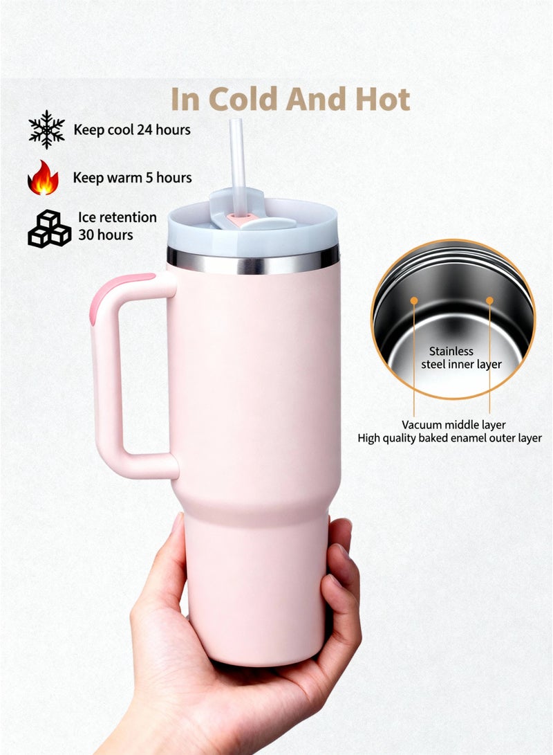 كوب بسعة 1200 مل مع مقبض وغطاء بمصاصة معزول بسعة 40 أونصة زجاجة ماء قابلة لإعادة الاستخدام من الفولاذ المقاوم للصدأ المعزولة بالفراغ كوب للسفر قهوة مثلجة للمشروبات الساخنة والباردة - Image 3