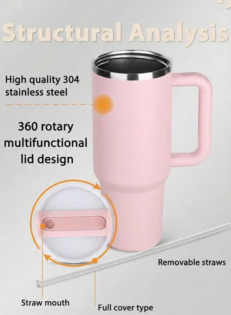 كوب بسعة 1200 مل مع مقبض وغطاء بمصاصة معزول بسعة 40 أونصة زجاجة ماء قابلة لإعادة الاستخدام من الفولاذ المقاوم للصدأ المعزولة بالفراغ كوب للسفر قهوة مثلجة للمشروبات الساخنة والباردة - Image 4
