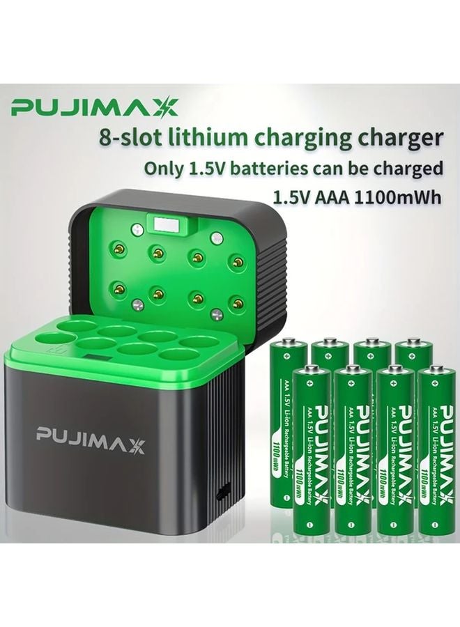 PUJIMAX 8 Slot AAA Lithium Battery Charger Box with 8pcs 1100mWh Li Ion Batteries Fast Charging - Image 1