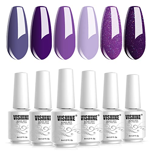 Vishine 6PCS Purple Glitter Nail Polish Gel UV LED Soak Off Nail Art Kit Gorgeous Manicure Collection Gift Set 8ml - Image 1
