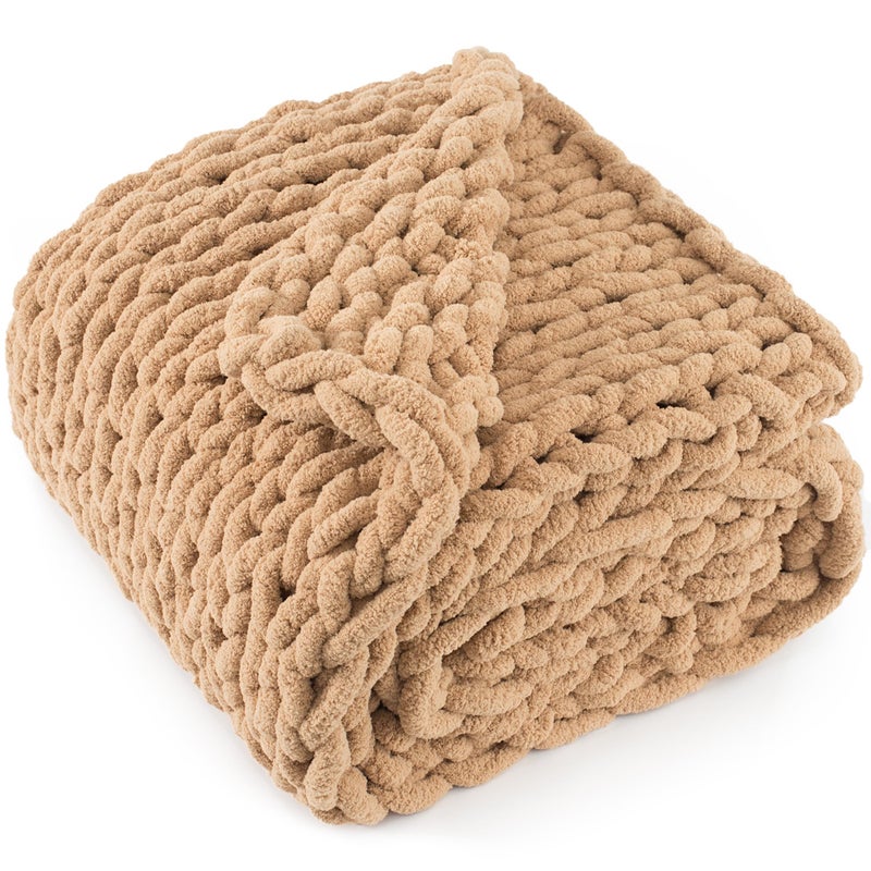 LONG CREATE Chunky Knit Throw Blanket 50X 60 100 Handmade with Soft Chenille Yarn 44lbs Thick Cable Knitted Blankets Large Rope Knot Crochet Throws for Couch Sofa Bed Home Decor Tan Brown