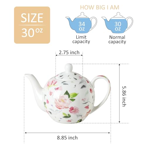 PRECITIME 30oz Porcelain Teapot, Floral Design Ceramic Tea Pot for Loose Leaf & Bagged Tea, Classic 3-4 Cups Teapot for Daily Use & Special Occasions, Dishwasher Safe - Image 2