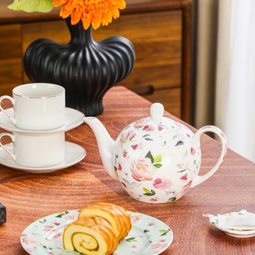 PRECITIME 30oz Porcelain Teapot, Floral Design Ceramic Tea Pot for Loose Leaf & Bagged Tea, Classic 3-4 Cups Teapot for Daily Use & Special Occasions, Dishwasher Safe - Image 5