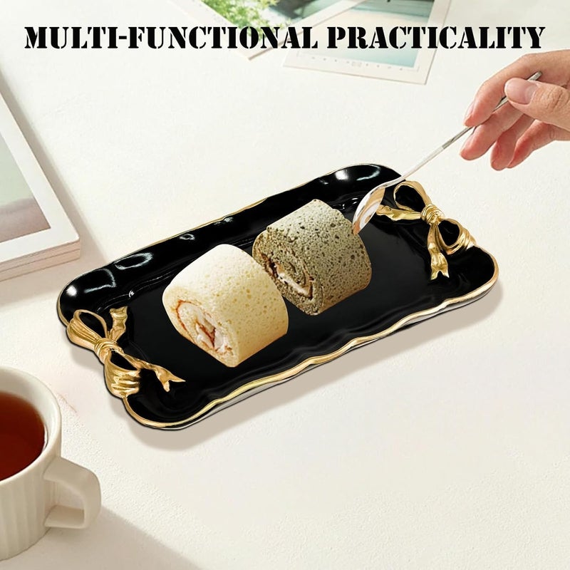 Warmtree Vintage Decorative Tray Jewelry Tray Towel Tray Storage Tray Rings Necklace Bracelets Earrings Trays Cosmetics Jewelry Organizer Retro Design Bow Decor Resin Plate Coquette Room Decor (Black) - Image 4