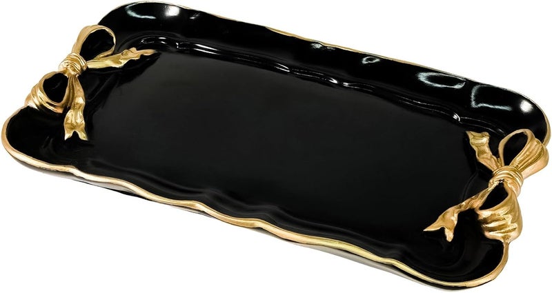 Warmtree Vintage Decorative Tray Jewelry Tray Towel Tray Storage Tray Rings Necklace Bracelets Earrings Trays Cosmetics Jewelry Organizer Retro Design Bow Decor Resin Plate Coquette Room Decor (Black) - Image 1